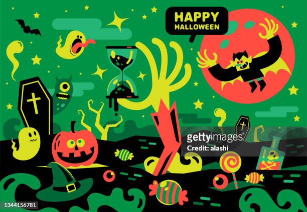 spooky hand coming out of the grave and holding an hourglass, the vampire and ghost flying in the dark sky - maxim halloween party arrivals stock illustrations