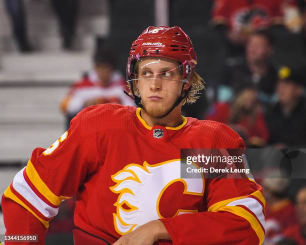 Juuso Valimaki of the Calgary Flames in action against the Seattle Kraken during an NHL game at Scotiabank Saddledome on September 9, 2021 in...