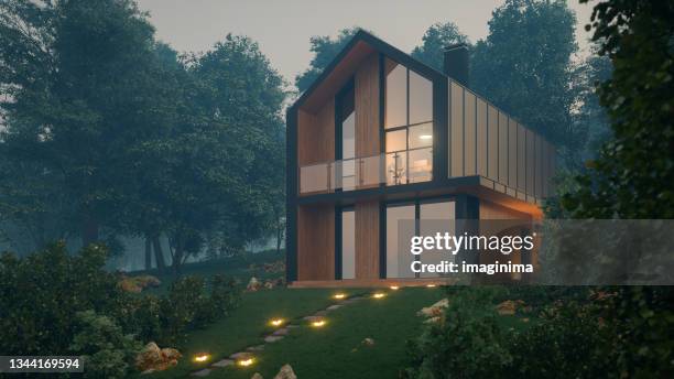 a house in the forest in the evening - dark pine forest stock pictures, royalty-free photos & images