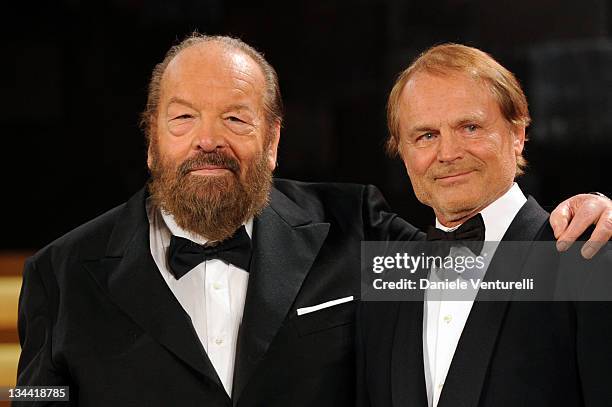 Bud Spencer and Terence Hill attend the 'David Di Donatello' movie awards at the Auditorium Conciliazione on May 7, 2010 in Rome, Italy.