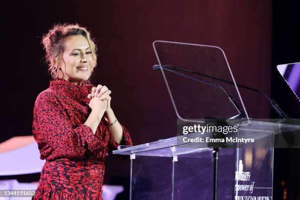 Alyssa Milano speaks onstage during Variety's Power of Women Presented by Lifetime at Wallis Annenberg Center for the Performing Arts on September...