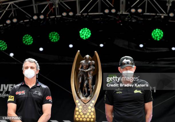 Coach Ivan Cleary of the Panthers and Coach Coach Wayne Bennett of the Rabbitohs are paraded in front of the fans during the NRL Grand Final Fan Fest...