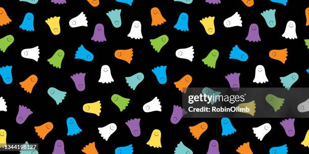 cute colorful little smiling ghosts seamless pattern - smiling simple background stock illustrations