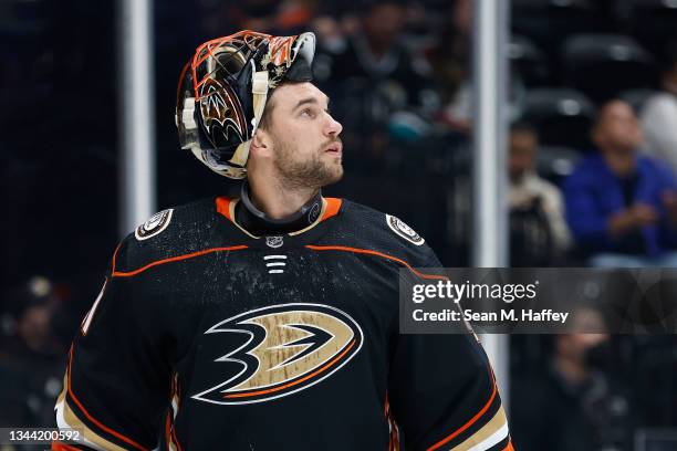 Anthony Stolarz of the Anaheim Ducks looks on during the second period of a game against the San Jose Sharks at Honda Center on September 30, 2021 in...