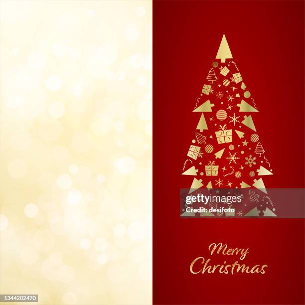 divided christmas backgrounds with one half as golden colored creative xmas tree made up of smaller ornaments with text message merry christmas at the bottom of plain vibrant red maroon, the other half sparkling lights in beige - cross section ground stock illustrations