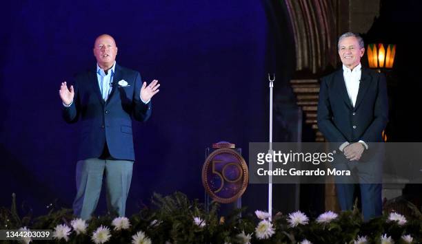 Bob Chapek, Walt Disney Company CEO and Bob Iger, Executive Chairman of Walt Disney Company speak during "The World's Most Magical Celebration" Walt...