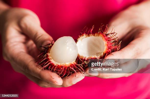 close-up view of a southeast asian woman holding fresh ripe rambutan fruit - rambutan stock pictures, royalty-free photos & images