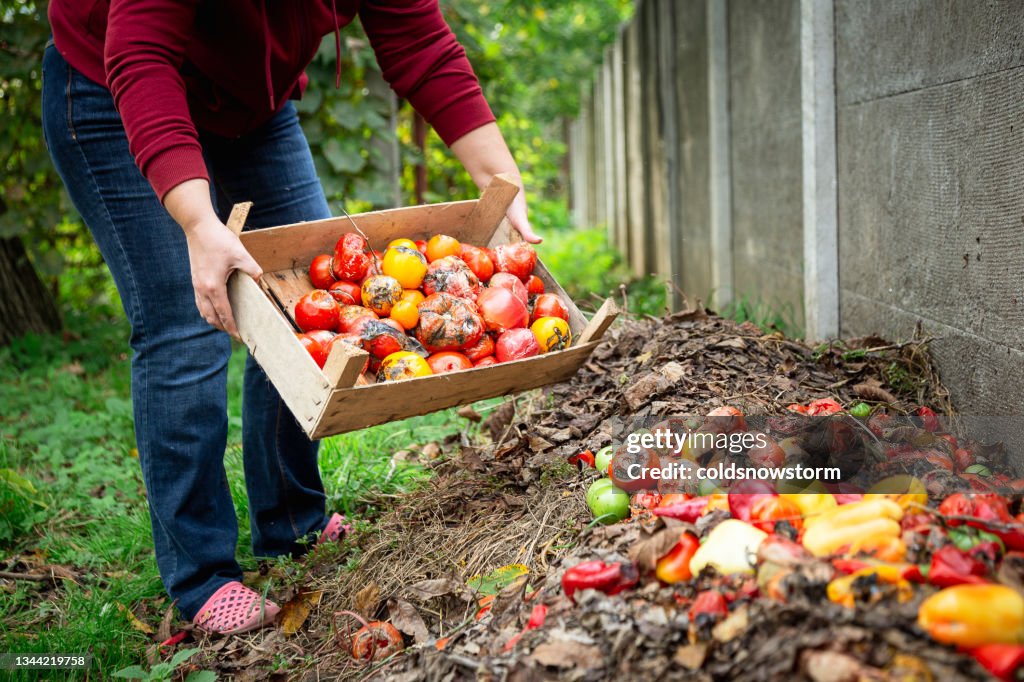 Frau entleert Lebensmittelabfälle auf Gartenkomposthaufen
