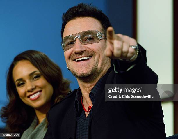 Music artist and co-founder of Keep a Child Alive Alicia Keys and U2 lead singer and co-founder of ONE and Bono participate in a round-table...