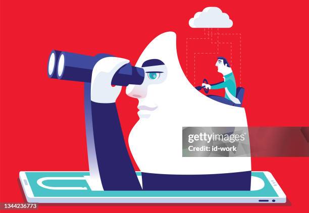 businessman searching with binoculars and smartphone - access control cartoon stock illustrations