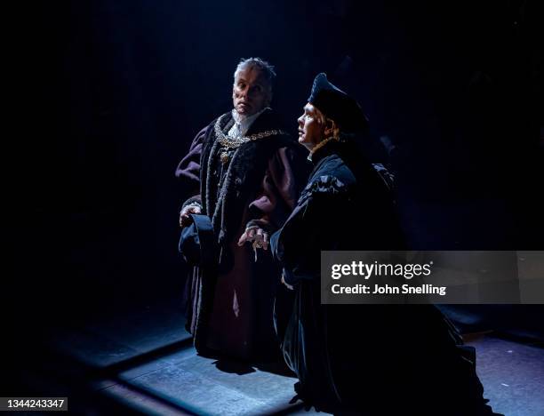 Ben Mills as Thomas Cromwell performs on stage during "The Mirror And The Light" dress rehearsal at Gielgud Theatre on September 30, 2021 in London,...