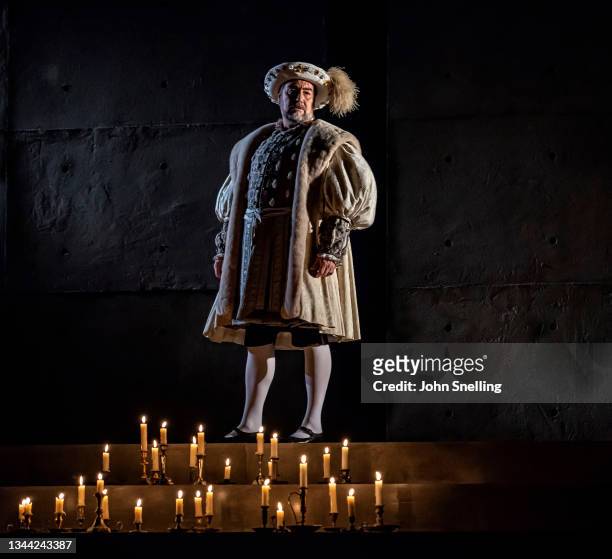 Nathaniel Parker as Henry VIII performs on stage during "The Mirror And The Light" dress rehearsal at Gielgud Theatre on September 30, 2021 in...