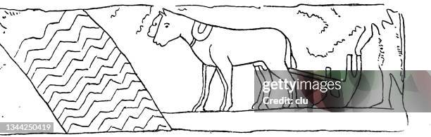 stockillustraties, clipart, cartoons en iconen met ancient egyptian culture: farm work plowing with horses - papyrusriet