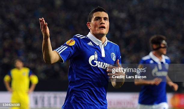 Kyriakos Papadopoulos of Schalke celebrates after scoring his teams first goal during the UEFA Europa League group J match between FC Schalke 04 and...