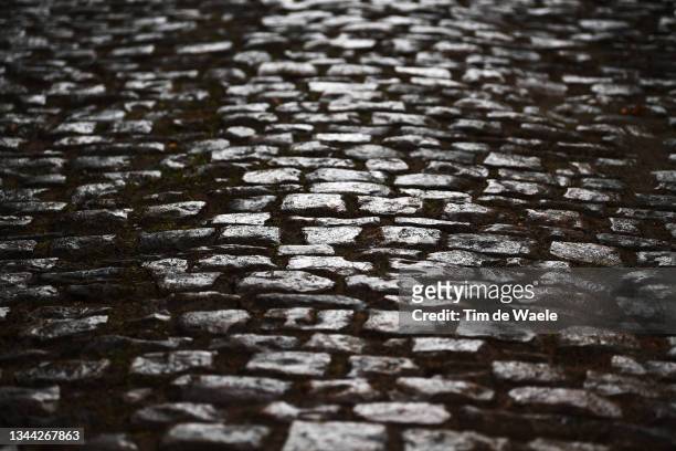 Detail view of Drève des Boules d’Hérin - Tranchée Wallers Arenberg cobblestones sector during the 118th Paris-Roubaix 2021 - Training Day 2 /...