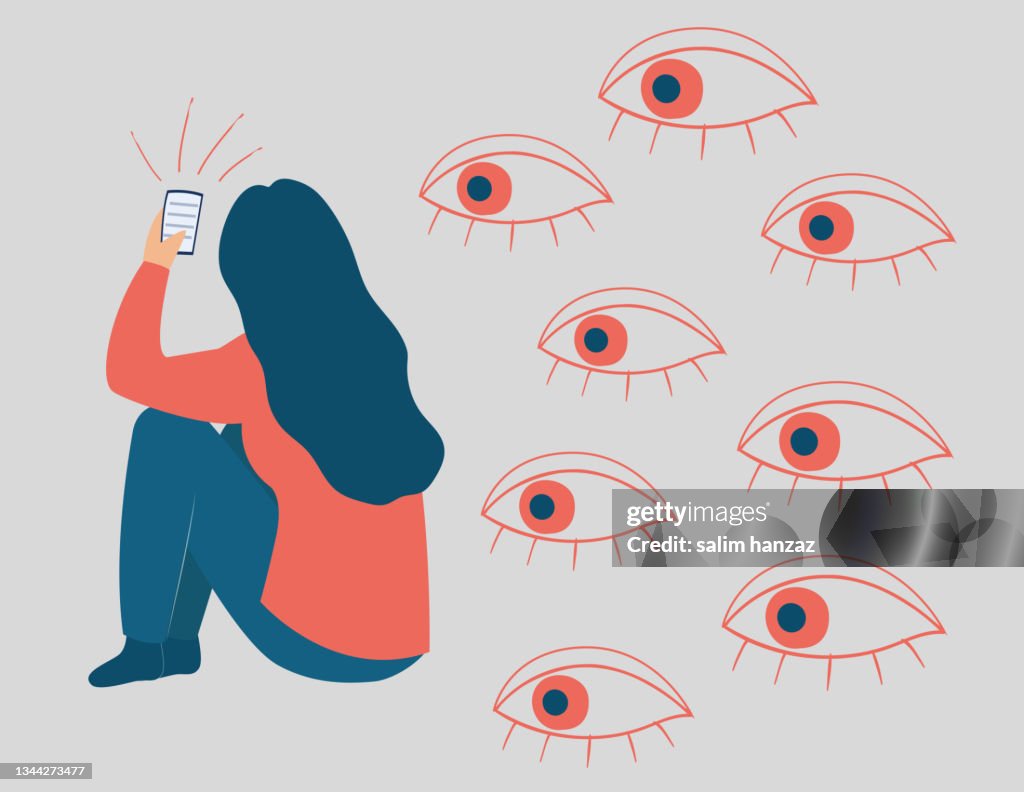 Woman being observed from behind. Spywares softwares on mobiles. Spy applications through the smartphones. Big eyes peek at a screen phone of a girl.