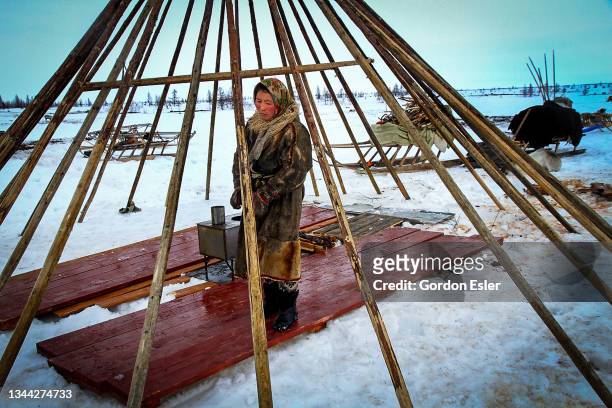 nenets woman stands inside her semi- constructed chum. - nenets stock pictures, royalty-free photos & images