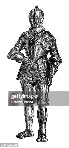 ilustraciones, imágenes clip art, dibujos animados e iconos de stock de ilustración antigua: armadura de caballero - armoured