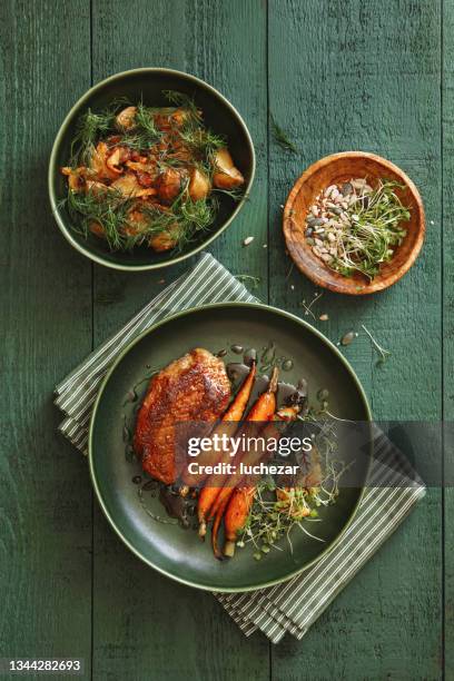 petto d'anatra arrosto con verdure - piatto di portata foto e immagini stock