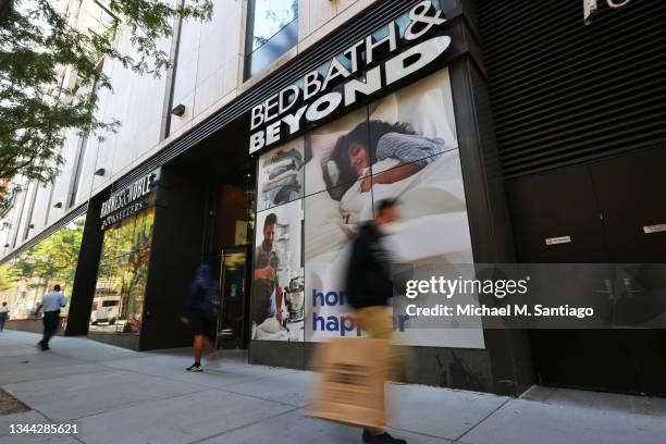 People walk past a Bed Bath & Beyond store on October 01, 2021 in the Tribeca neighborhood in New York City. Bed Bath Beyond saw its shares drop...