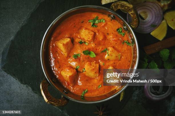 directly above shot of soup in bowl on table,west chester,pennsylvania,united states,usa - paneer tikka stock pictures, royalty-free photos & images