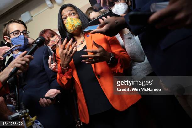 Rep. Pramilia Jayapal speaks to reporters before a House Democratic caucus meeting at the U.S. Capitol on October 01, 2021 in Washington, DC. The...