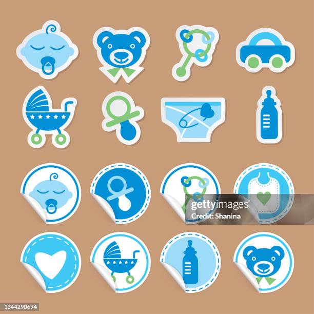 ilustrações de stock, clip art, desenhos animados e ícones de newborn baby boy stickers set - diaper