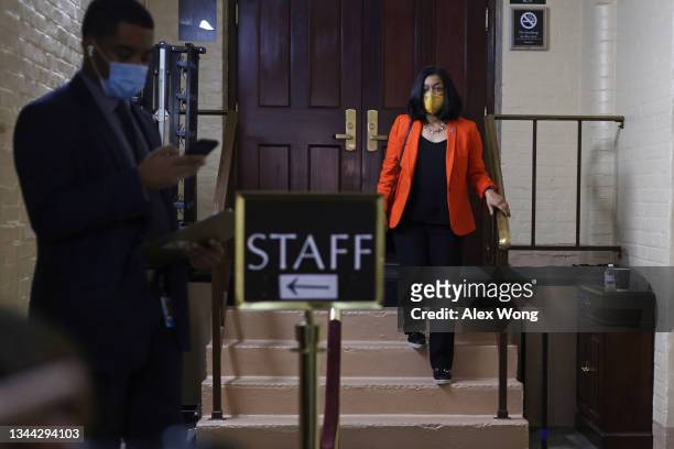 Rep. Pramila Jayapal comes out from a House Democratic caucus meeting at the U.S. Capitol on October 1, 2021 in Washington, DC. The House is expected...