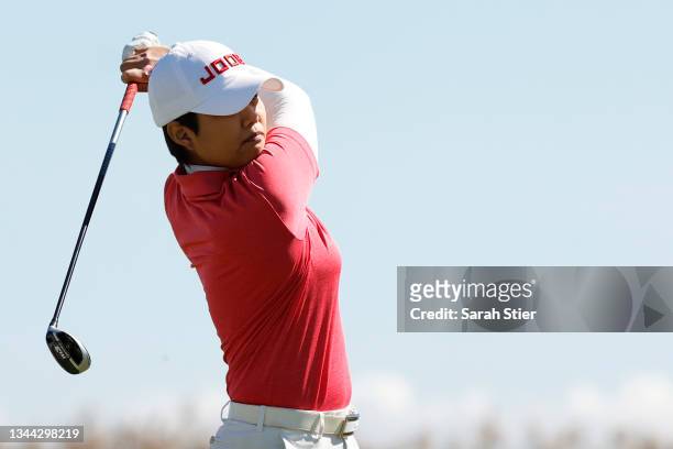 Haru Nomura of Japan hits her tee shot on the 5th hole during the first round of the ShopRite LPGA Classic presented by Acer on the Bay Course at...