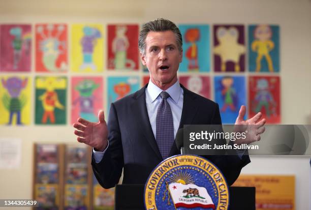 California Gov. Gavin Newsom speaks during a news conference after meeting with students at James Denman Middle School on October 01, 2021 in San...