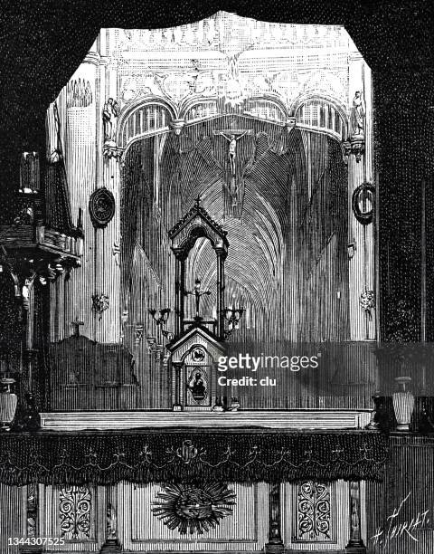 bildbanksillustrationer, clip art samt tecknat material och ikoner med bry-sur-marne, church diorama by louis daguerre - världsutställningen 1889