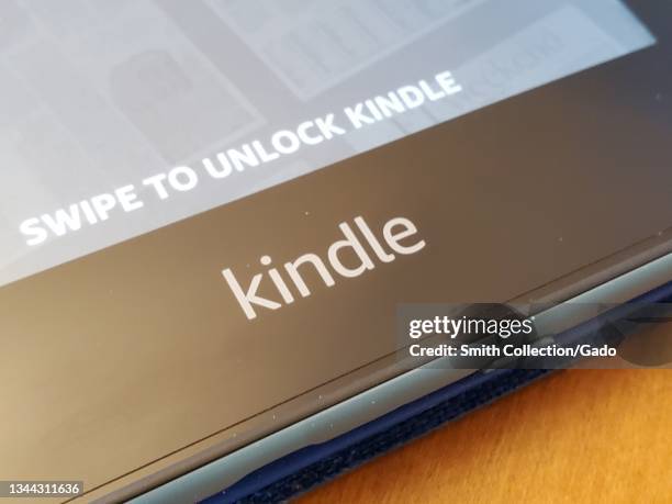 Close-up of logo for Amazon Kindle on Kindle Ebook reader, Lafayette, California, September 30, 2021.