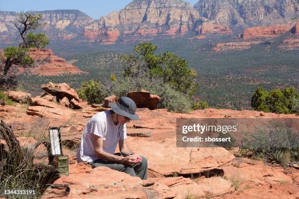 geocaching in sedona arizona - treasure hunt stock pictures, royalty-free photos & images