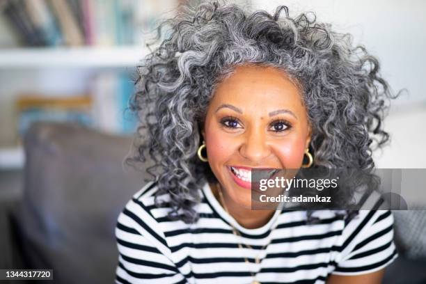 closeup headshot of a beautiful black woman - gray hair stock pictures, royalty-free photos & images