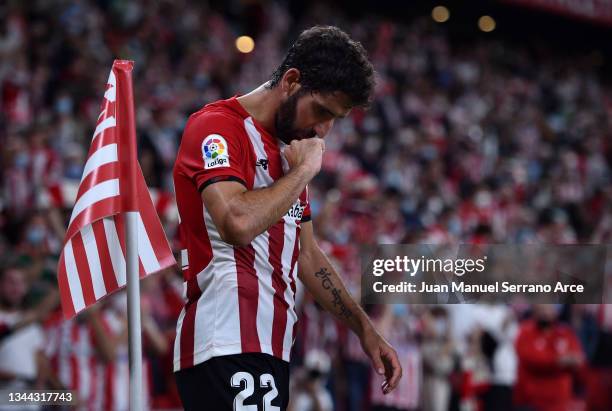 Raul Garcia of Athletic Bilbao celebrates after scoring their team's first goal during the LaLiga Santander match between Athletic Club and Deportivo...