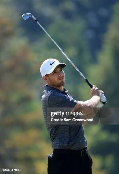 Aaron Wise plays his shot from the eighth tee during round two of the Sanderson Farms Championship at Country Club of Jackson on October 01, 2021 in...