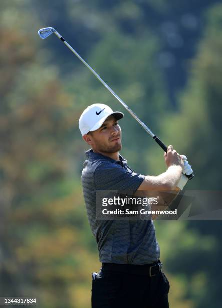 Aaron Wise plays his shot from the eighth tee during round two of the Sanderson Farms Championship at Country Club of Jackson on October 01, 2021 in...