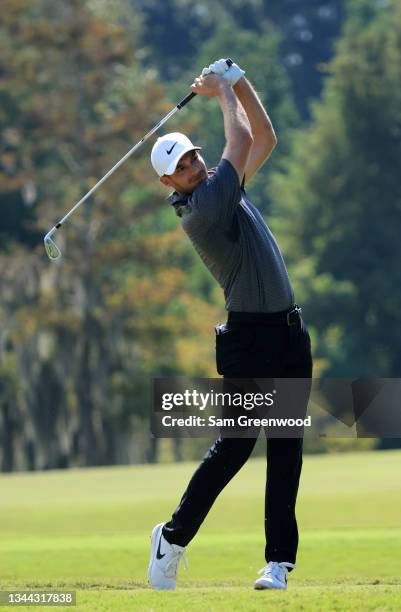 Aaron Wise plays his shot from the eighth tee during round two of the Sanderson Farms Championship at Country Club of Jackson on October 01, 2021 in...