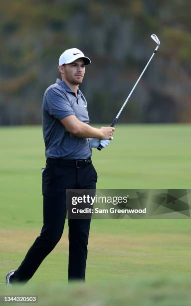 Aaron Wise plays his shot on the 16th hole during round two of the Sanderson Farms Championship at Country Club of Jackson on October 01, 2021 in...