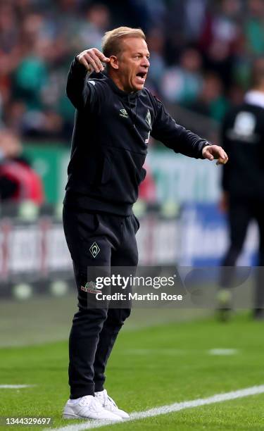 Markus Anfang, head coach of Werder Bremen gestures during the Second Bundesliga match between SV Werder Bremen and 1. FC Heidenheim 1846 at...