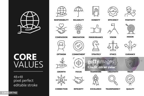 ilustraciones, imágenes clip art, dibujos animados e iconos de stock de conjunto de iconos de línea de valores principales. - juramento