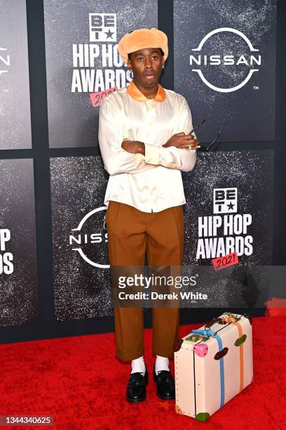 Tyler, the Creator attends the 2021 BET Hip Hop Awards at Cobb Energy Performing Arts Center on October 01, 2021 in Atlanta, Georgia.