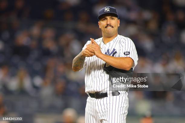 Nestor Cortes of the New York Yankees reacts after giving up a first inning home run to Nelson Cruz of the Tampa Bay Rays at Yankee Stadium on...