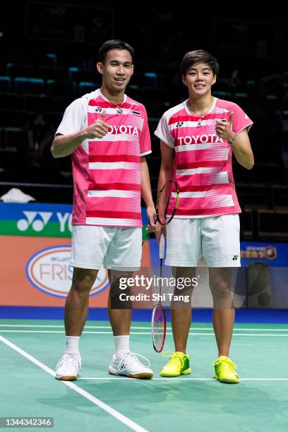 Dechapol Puavaranukroh and Sapsiree Taerattanachai of Thailand celebrate the victory in the Mixed Double match against Kim Wonho and Kong Heeyong of...