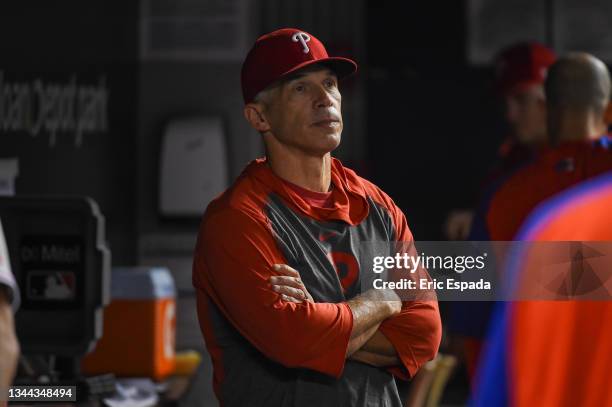 Joe Girardi of the Philadelphia Phillies looks on during the game against the Miami Marlins at loanDepot park on October 01, 2021 in Miami, Florida.