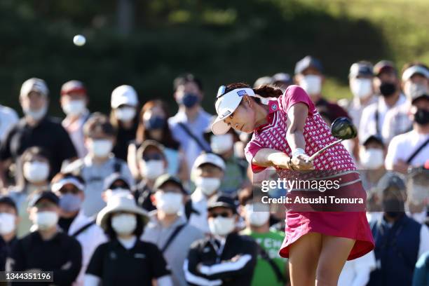 Erika Hara of Japan hits her tee shot on the 12th hole during the second round of the 54th Japan Women's Open Golf Championship at Karasuyamajo...