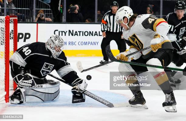 Calvin Petersen Petersen of the Los Angeles Kings defends the net against Nolan Patrick Vegas Golden Knights during a Vegas power play in the second...