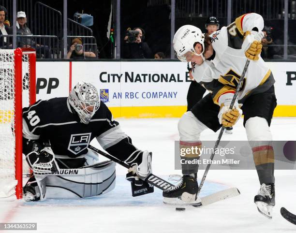 Calvin Petersen of the Los Angeles Kings defends the net against Nolan Patrick Vegas Golden Knights during a Vegas power play in the second period of...