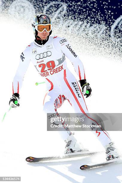 Hannes Reichelt of Austria finishes his run during downhill training on the Birds of Prey at the Audi FIS World Cup on December 1, 2011 in Beaver...