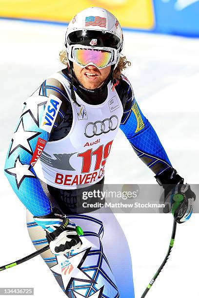 Erik Fisher finishes his run during downhill training on the Birds of Prey at the Audi FIS World Cup on December 1, 2011 in Beaver Creek, Colorado.